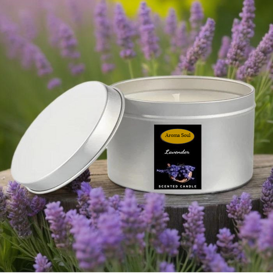 Handmade soy candle with dried lavender and essential oils